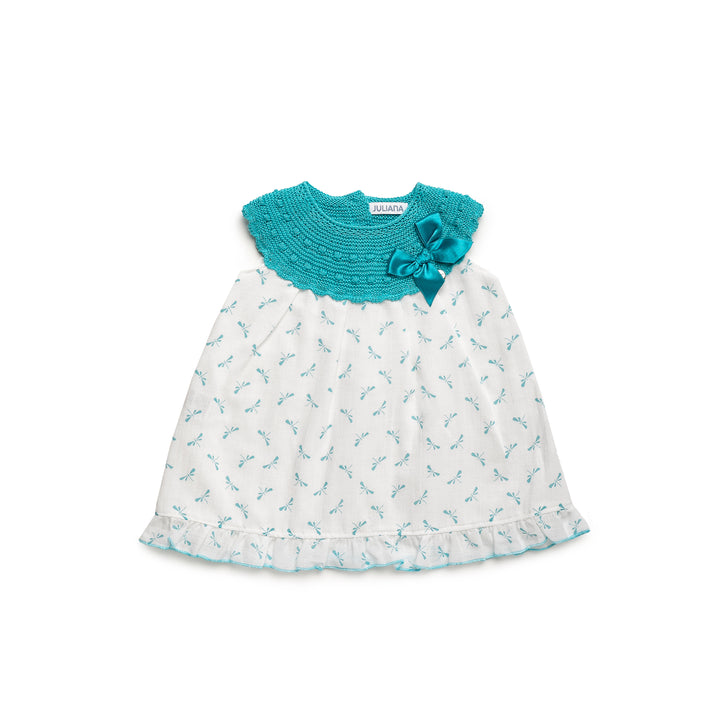 DRAGONFLIES FABRIC DRESS WITH ROUND BODY KNIT - Turquoise