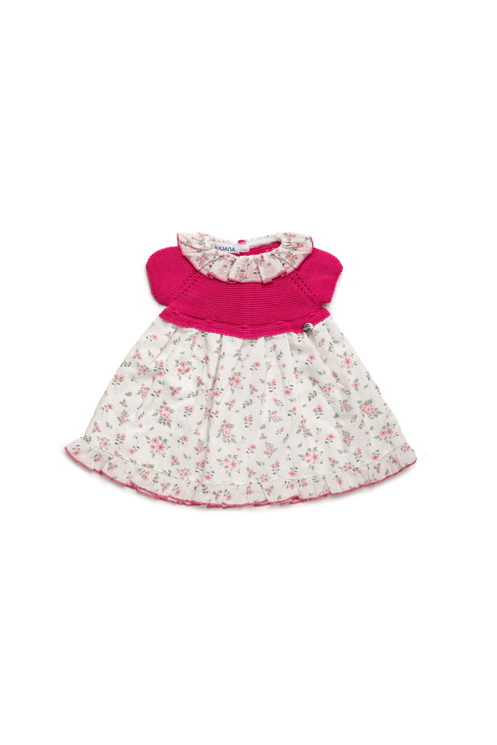 FLOWER FABRIC PLUMETI DRESS WITH KNITTED BODY - Fresa
