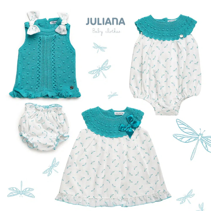 DRAGONFLIES FABRIC DRESS WITH ROUND BODY KNIT - Turquoise