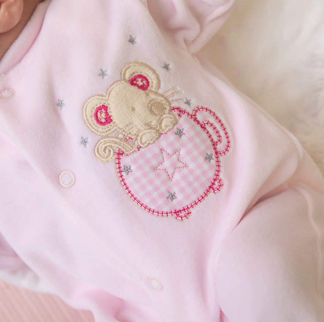 Mouse & Tea Cup Velour Sleepsuit Pink