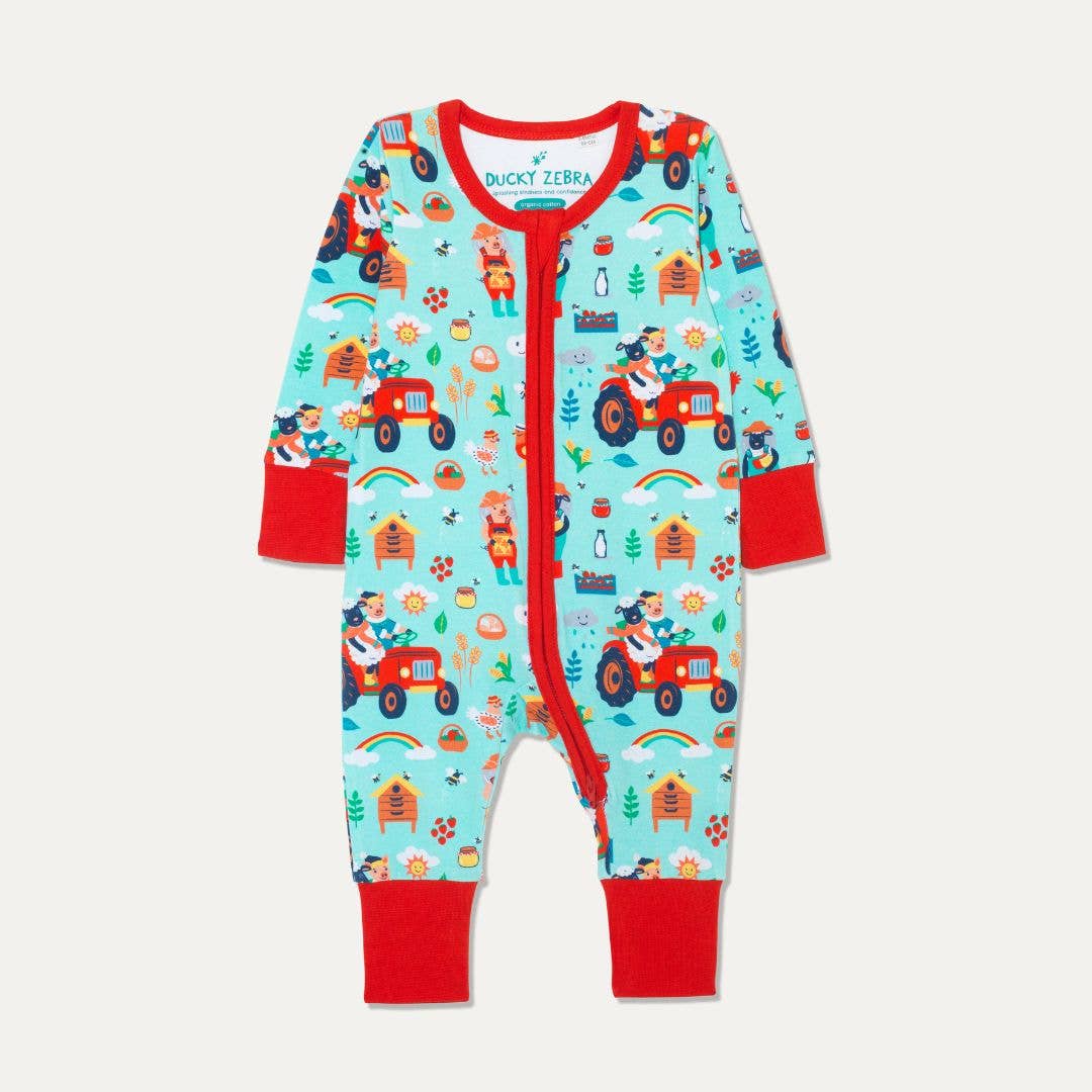 Organic Cotton Zip-Up Sleepsuit with Farmyard Fun Print