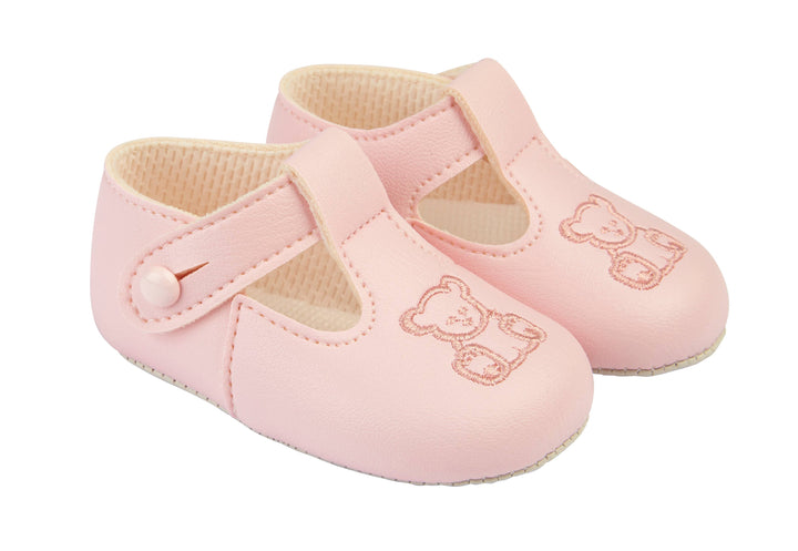 B117 Soft sole baby shoes button T-bar with Teddy embroidery