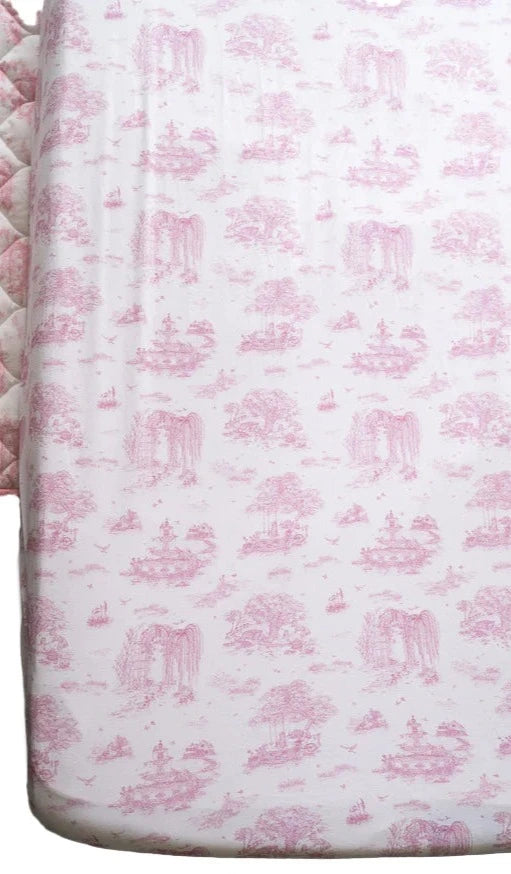 Gilded Bird  Spring Toile Pink Fitted Cot Sheet